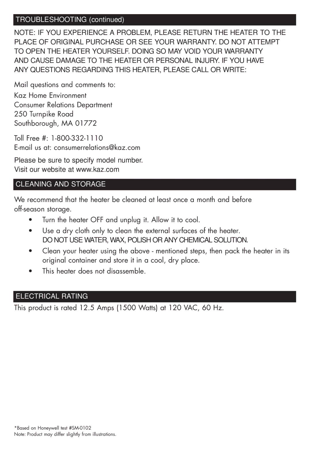 Honeywell HZ-316C, HZ-315C owner manual Cleaning and Storage, Electrical Rating 