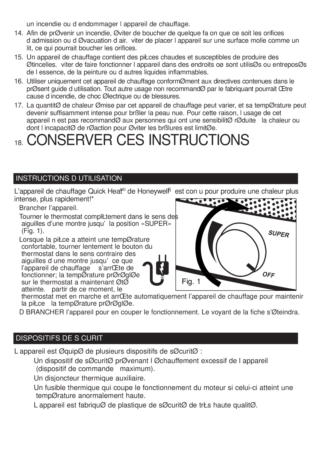 Honeywell HZ-316C, HZ-315C owner manual Instructions D’UTILISATION, Dispositifs DE Sécurité 