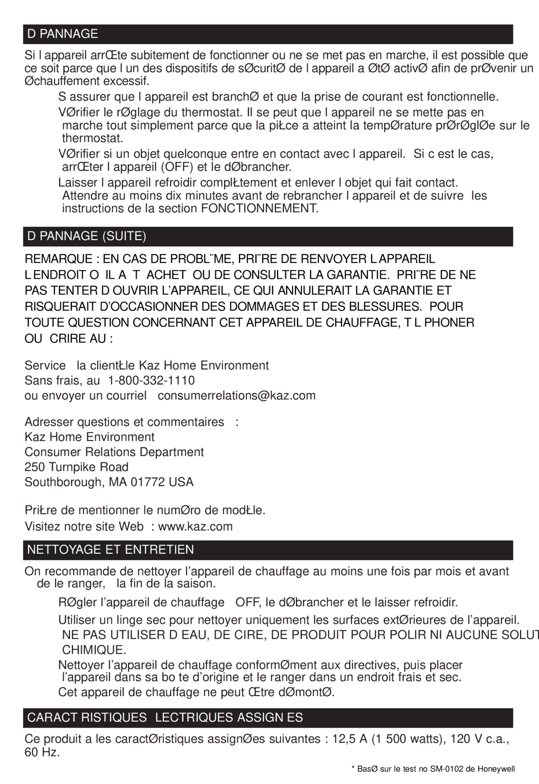 Honeywell HZ-316C, HZ-315C Dépannage Suite, Nettoyage ET Entretien, Caractéristiques Électriques Assignées 