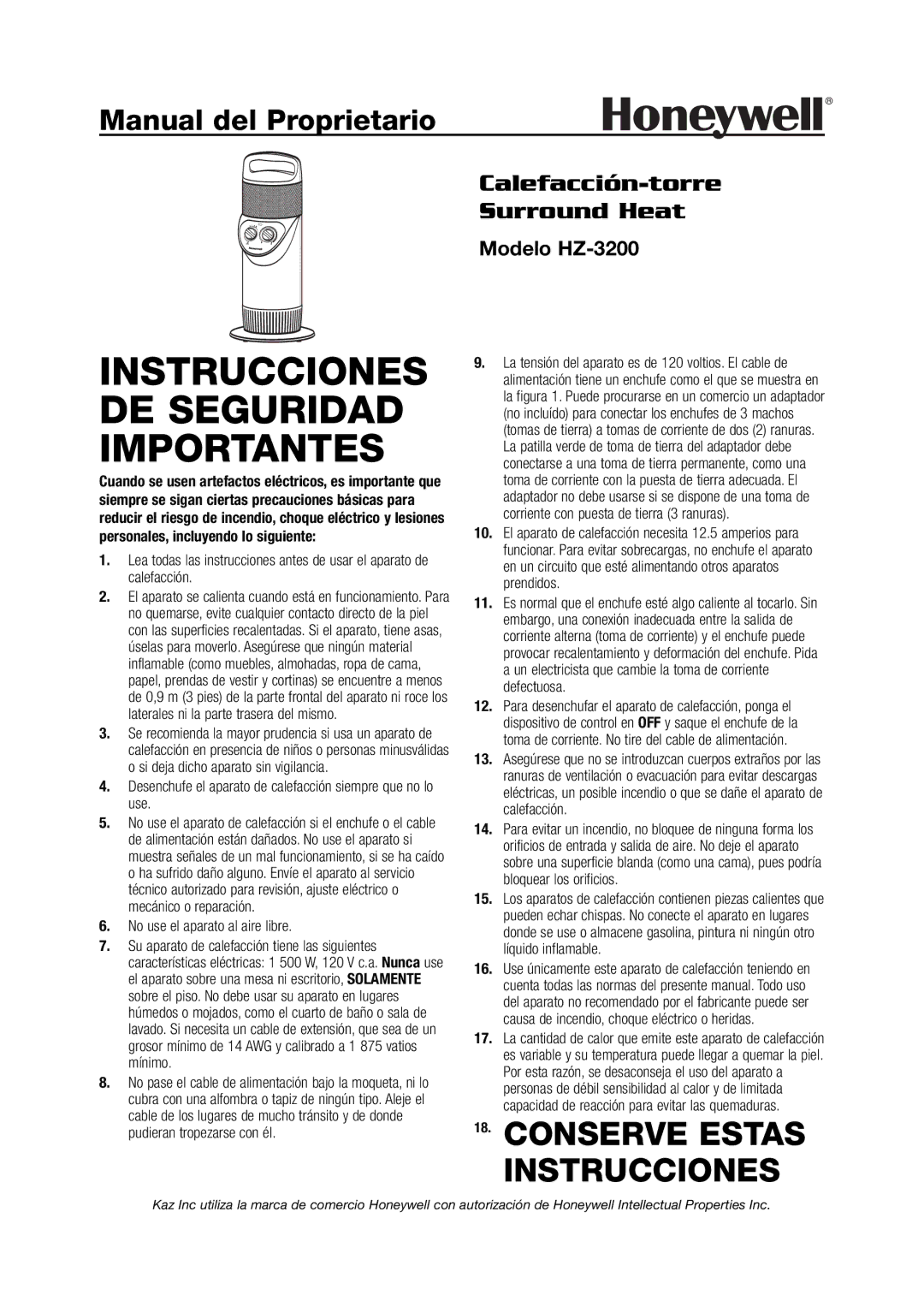 Honeywell important safety instructions Instrucciones DE Seguridad Importantes, Modelo HZ-3200 