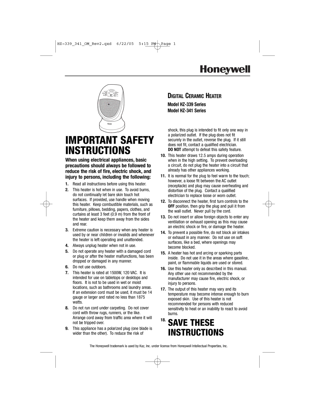 Honeywell important safety instructions Important Safety Instructions, Model HZ-339 Series Model HZ-341 Series 