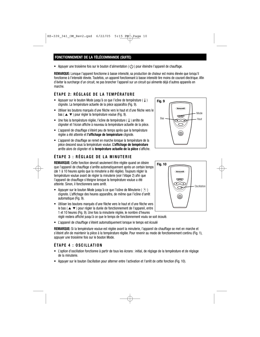 Honeywell HZ-341, HZ-339 TA P E 4 O S C I L L AT I O N, Fonctionnement DE LA Télécommande Suite 