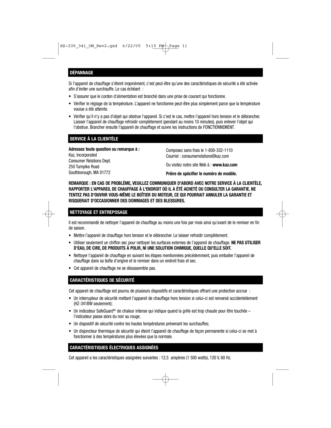 Honeywell HZ-339, HZ-341 Dépannage, Service À LA Clientèle, Nettoyage ET Entreposage, Caractéristiques DE Sécurité 