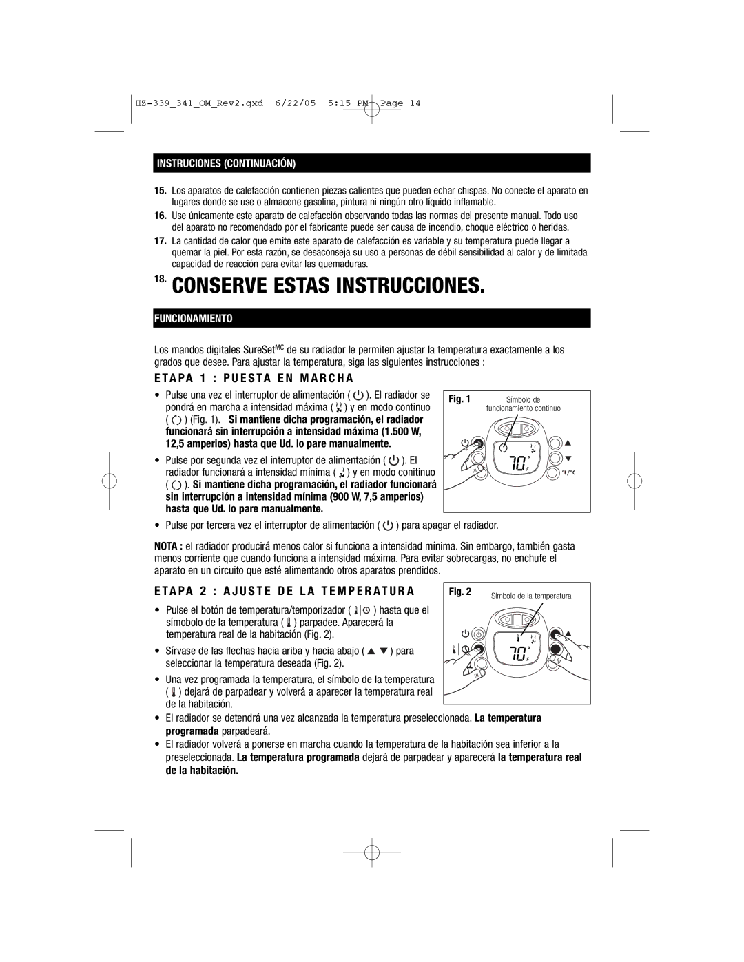 Honeywell HZ-341, HZ-339 A P a 1 P U E S T a E N M a R C H a, Instruciones Continuación, Funcionamiento 