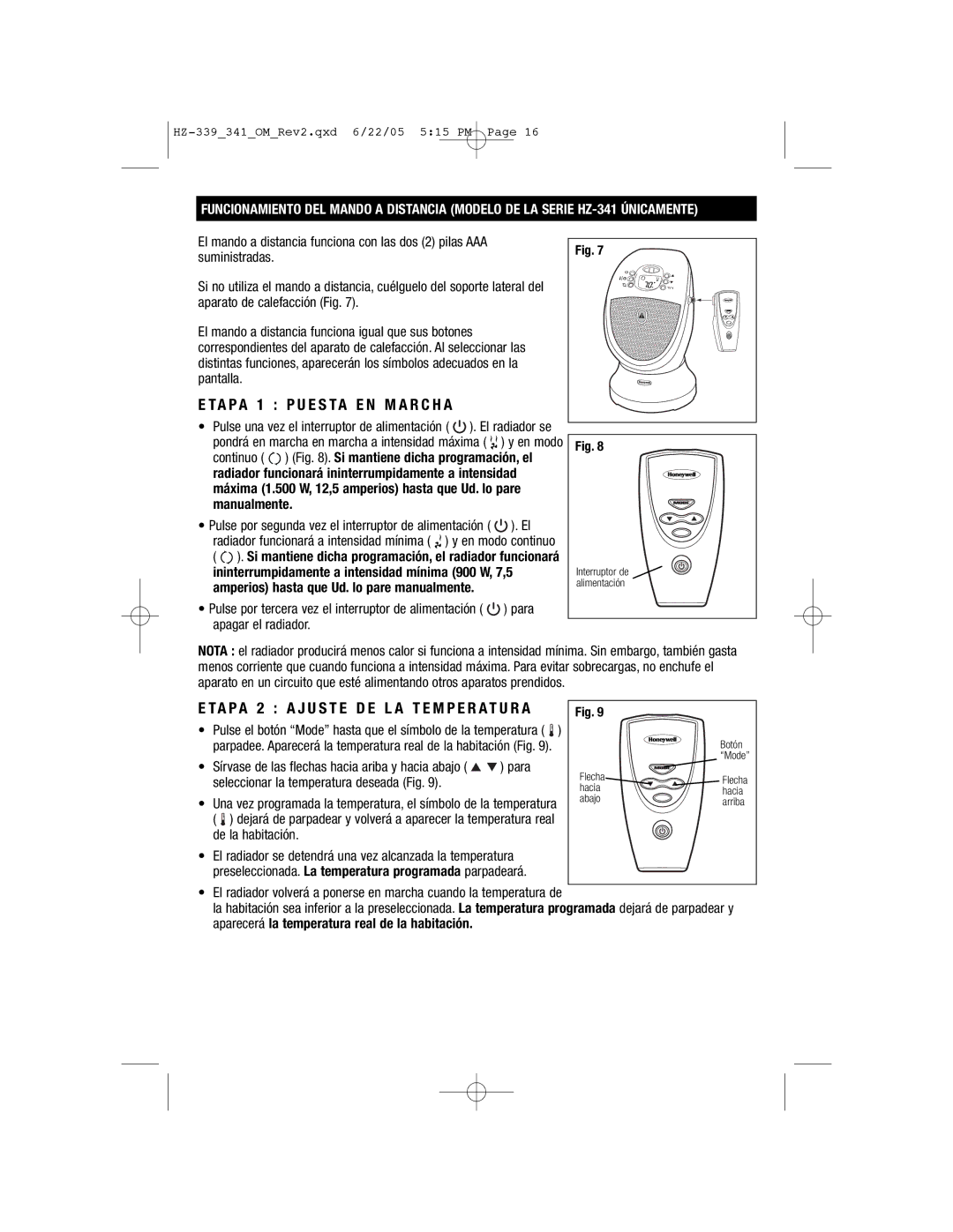 Honeywell HZ-341, HZ-339 important safety instructions Flecha 