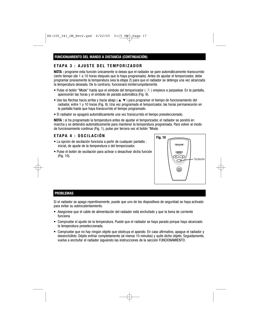 Honeywell HZ-339, HZ-341 A P a 4 O S C I L a C I Ó N, Funcionamiento DEL Mando a Distancia Continuación, Problemas 