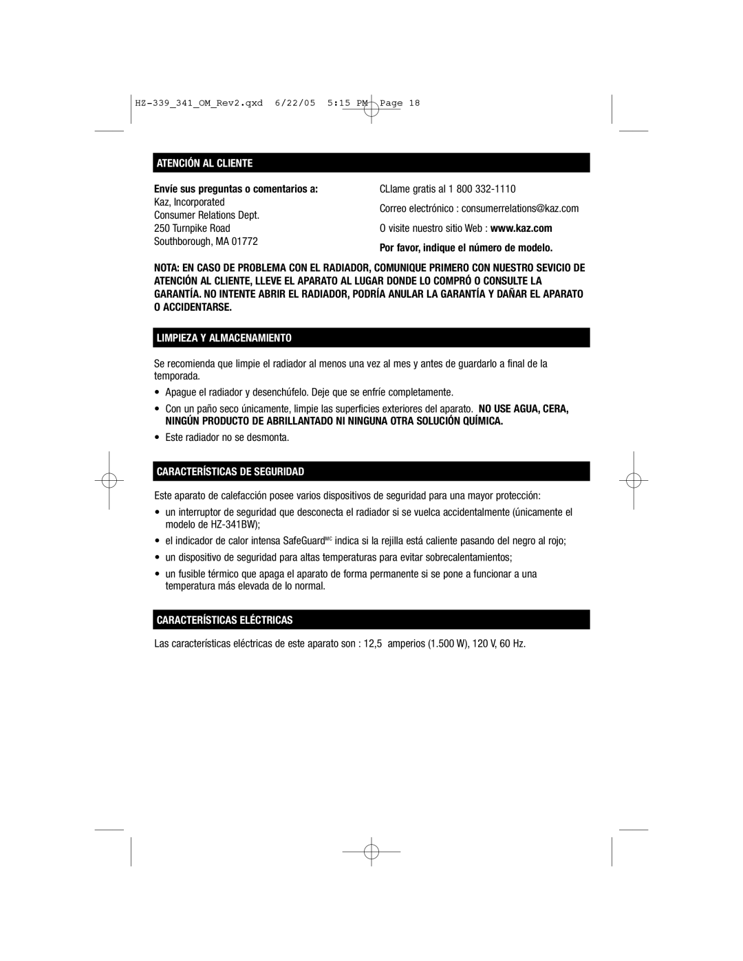 Honeywell HZ-341 Atención AL Cliente, Limpieza Y Almacenamiento, Características DE Seguridad, Características Eléctricas 