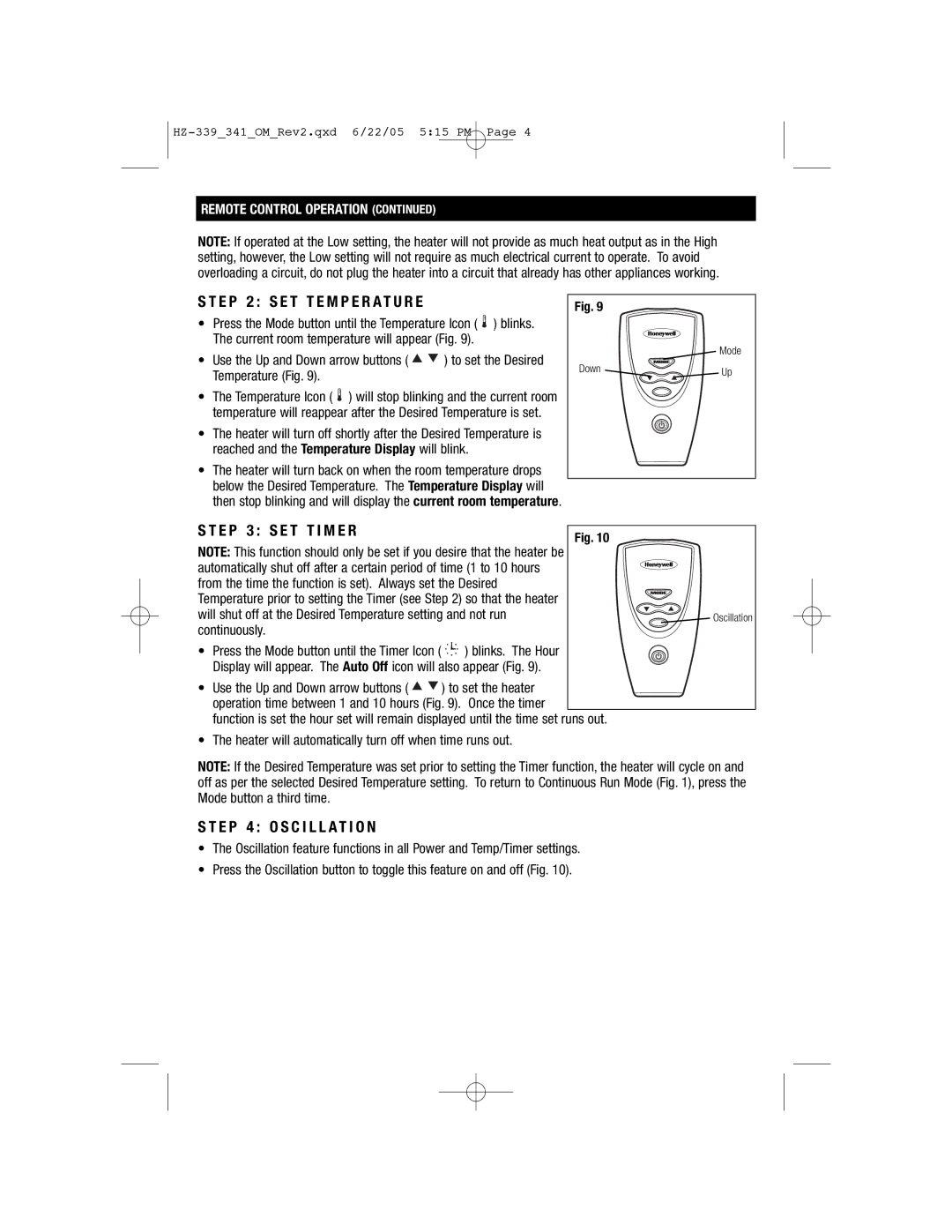 Honeywell HZ-341, HZ-339 E P 4 O S C I L L a T I O N, Remote Control Operation, E P 2 S E T T E M P E R a T U R E 