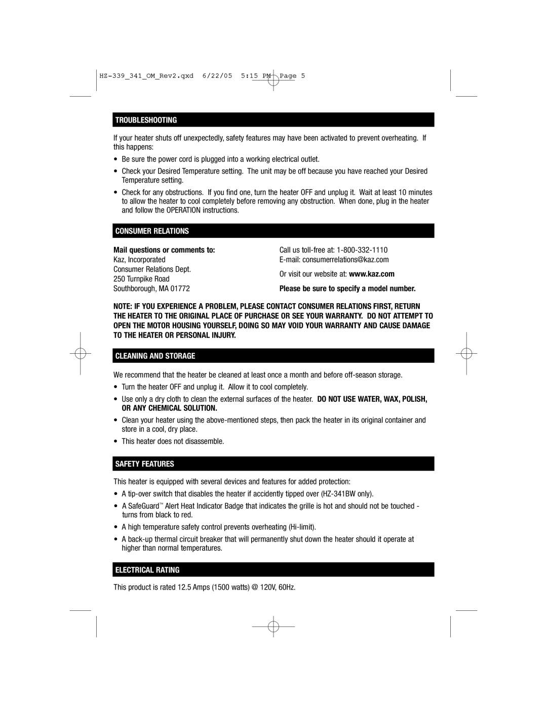 Honeywell HZ-339, HZ-341 Troubleshooting, Consumer Relations, Cleaning and Storage, Safety Features, Electrical Rating 