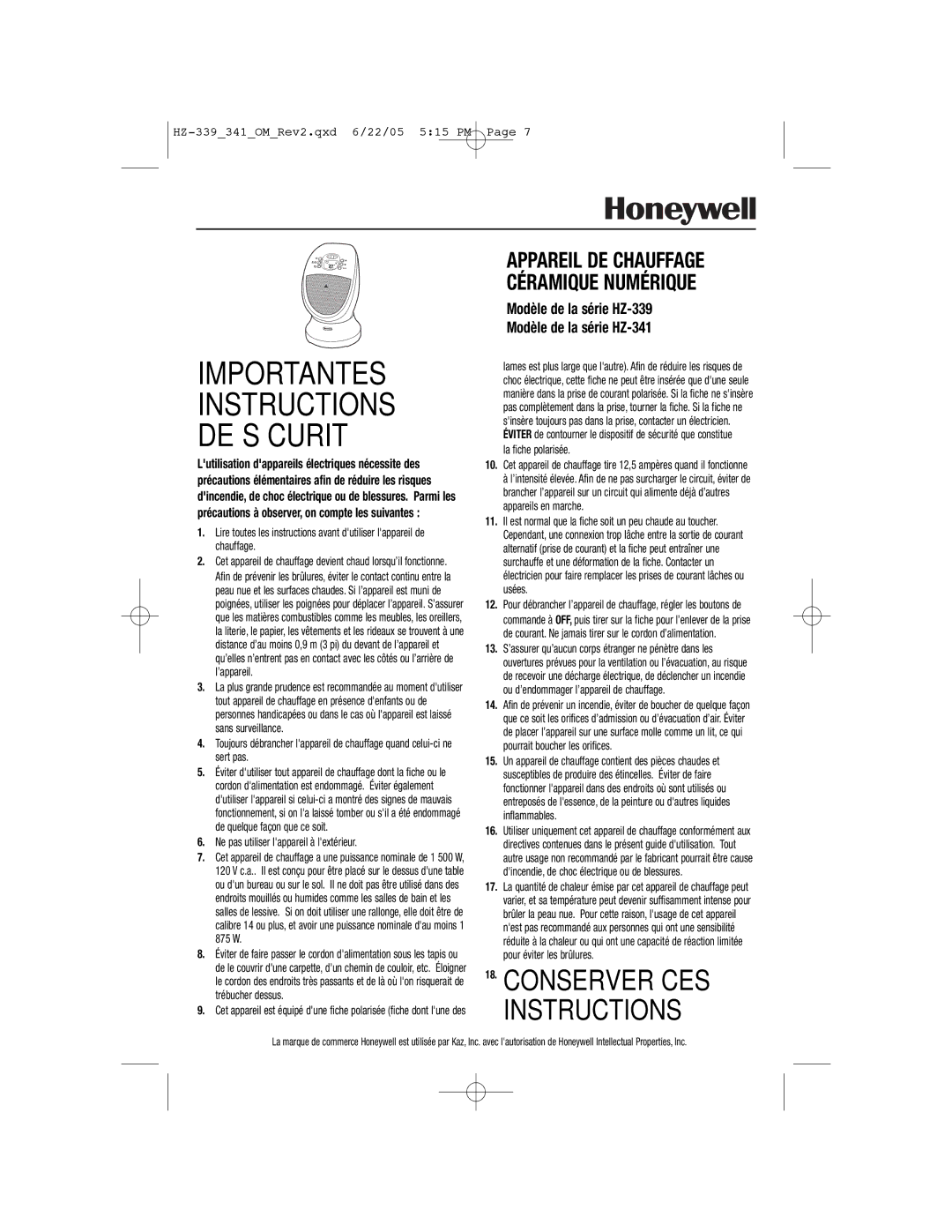 Honeywell Importantes Instructions DE Sécurité, Modèle de la série HZ-339 Modèle de la série HZ-341 