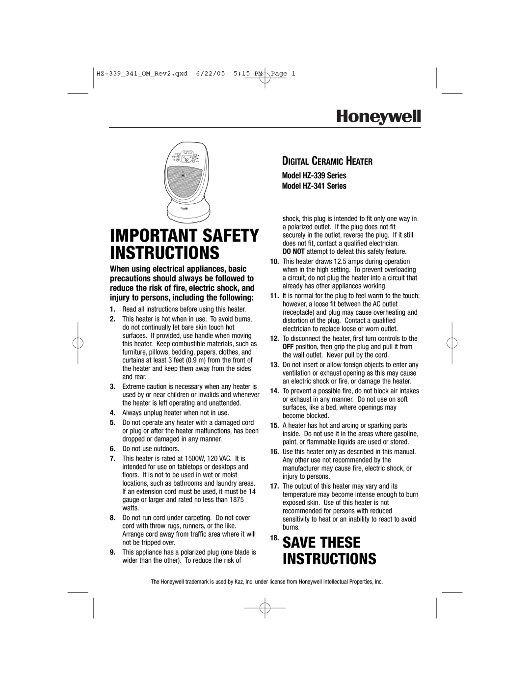 Honeywell HZ-339, HZ-341 important safety instructions Save These Instructions, Digital Ceramic Heater 