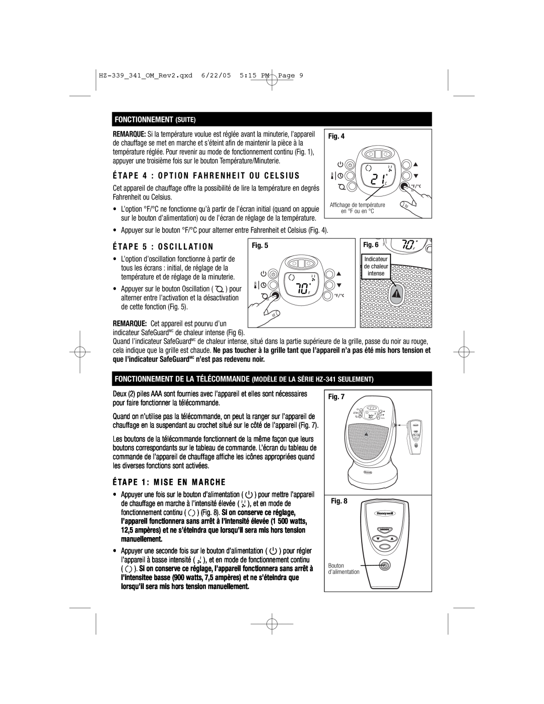 Honeywell HZ-339, HZ-341 important safety instructions Fonctionnement Suite 