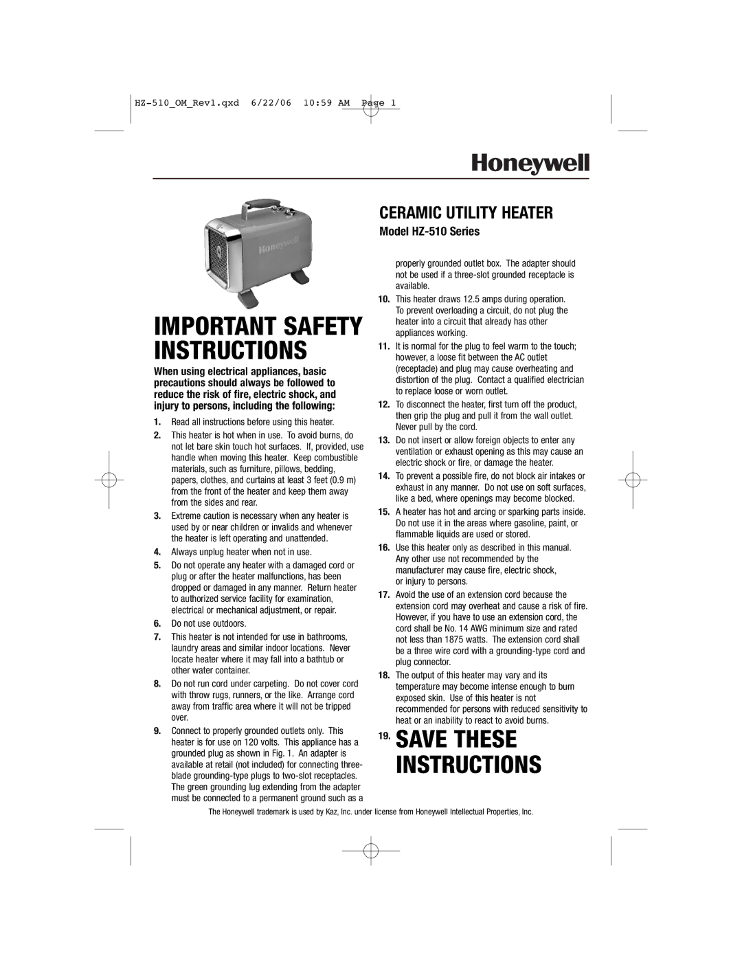 Honeywell HZ-510 important safety instructions Save These Instructions 