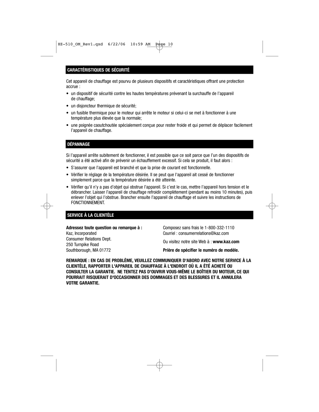 Honeywell HZ-510 important safety instructions Caractéristiques DE Sécurité, Dépannage, Service À LA Clientèle 
