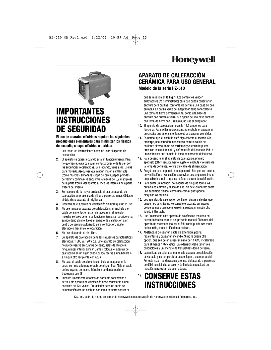 Honeywell HZ-510 important safety instructions Importantes Instrucciones DE Seguridad 