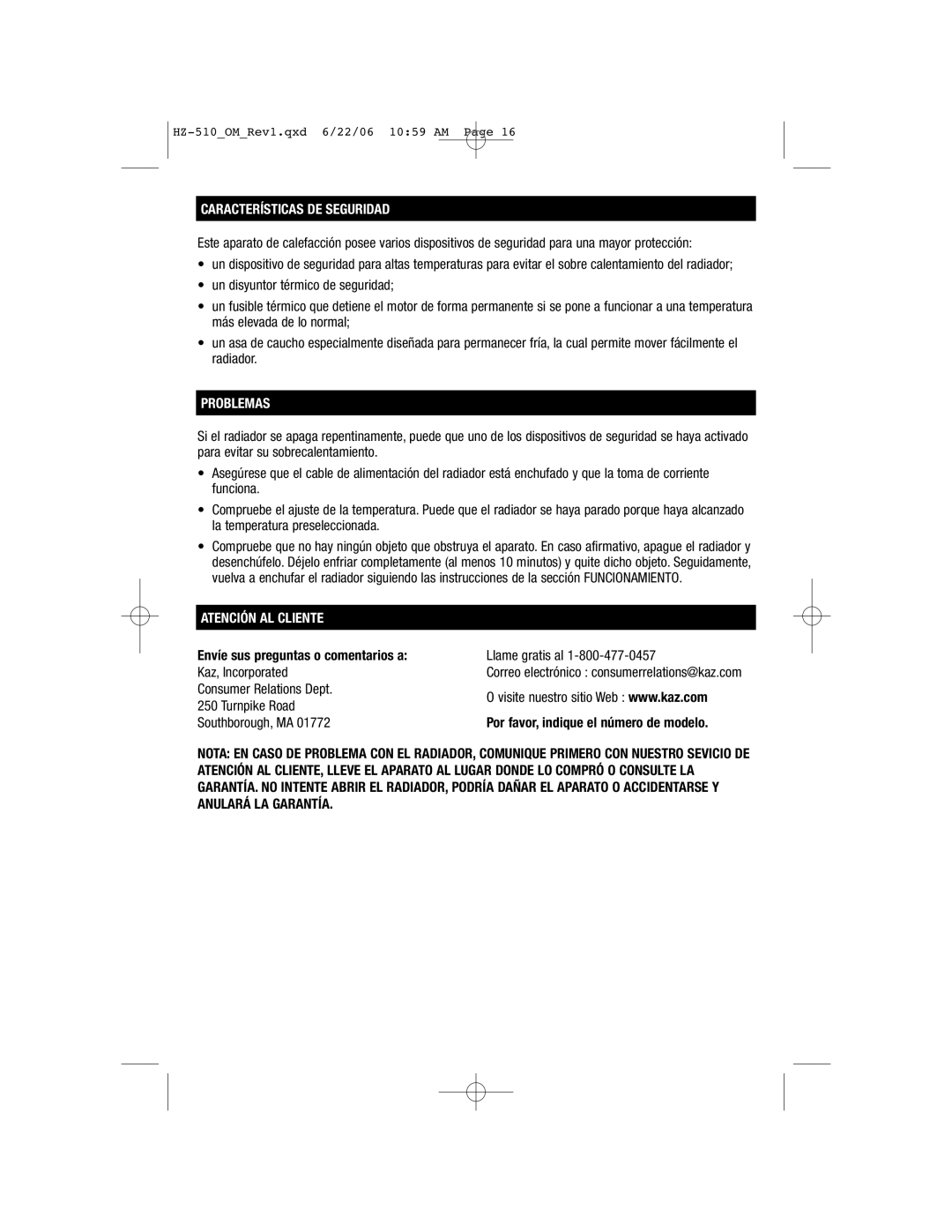 Honeywell HZ-510 important safety instructions Características DE Seguridad, Problemas, Atención AL Cliente 