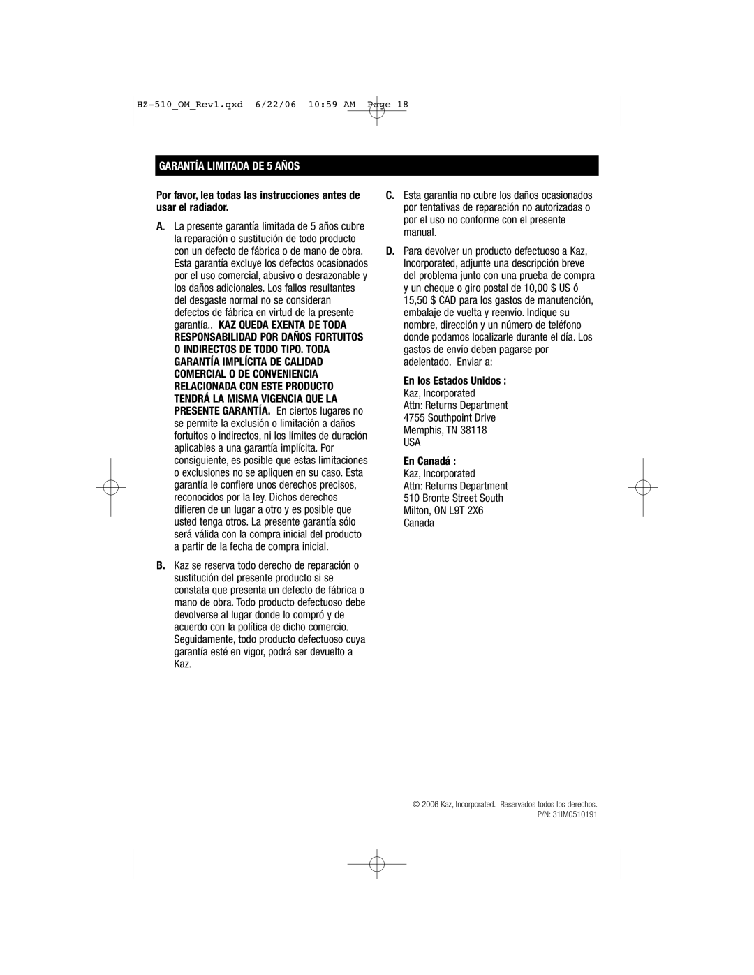 Honeywell HZ-510 important safety instructions Garantía Limitada DE 5 Años 