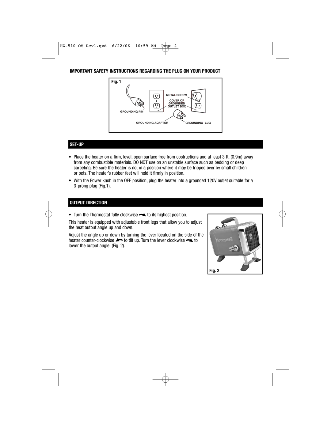 Honeywell HZ-510 important safety instructions Set-Up, Output Direction 