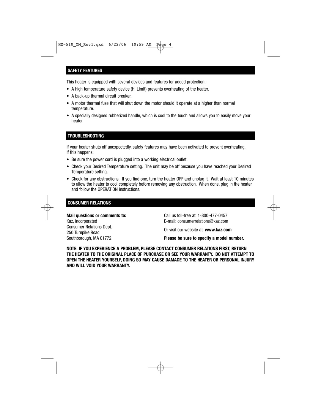 Honeywell HZ-510 important safety instructions Safety Features, Troubleshooting, Consumer Relations 