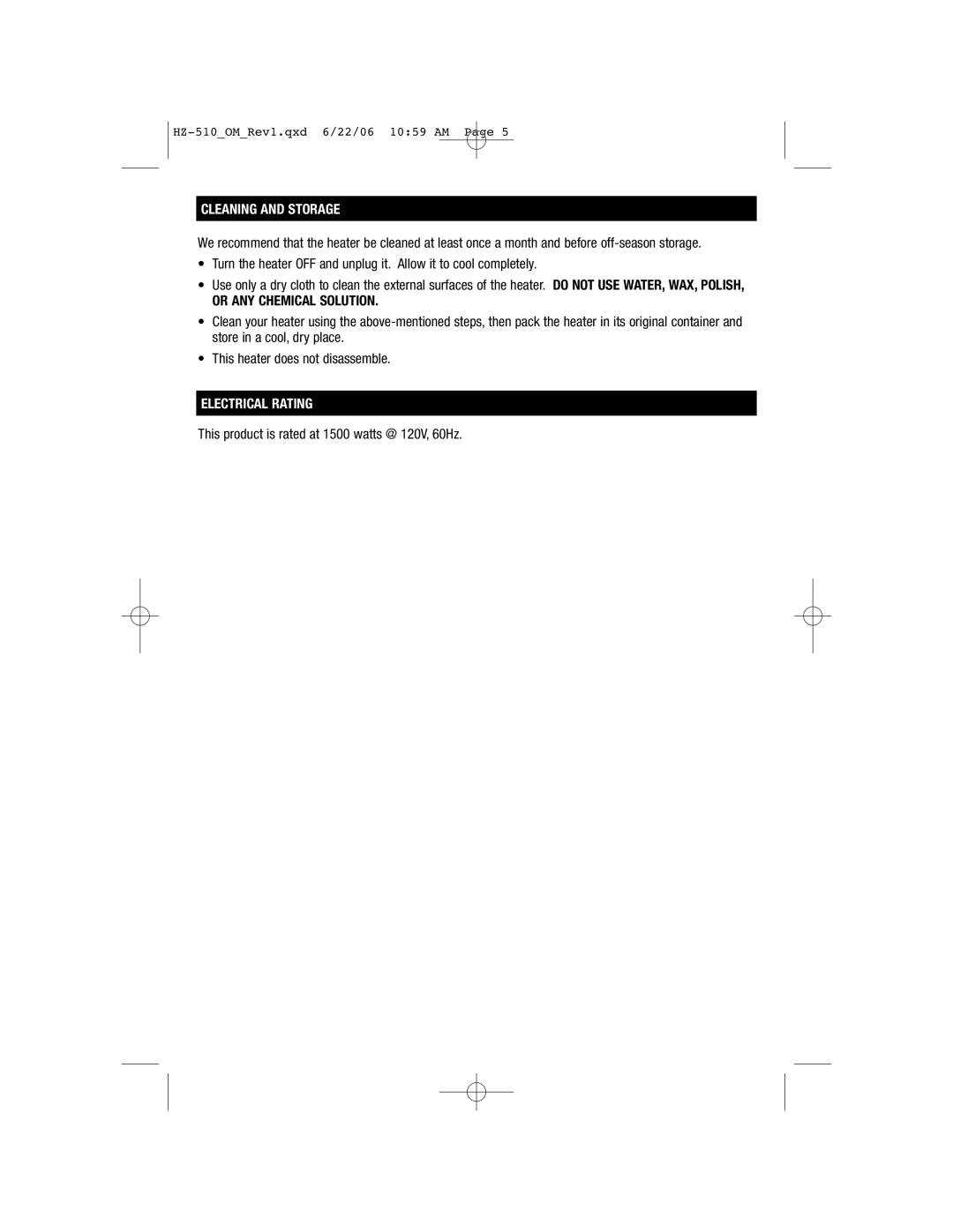 Honeywell HZ-510 important safety instructions Cleaning and Storage, Electrical Rating 