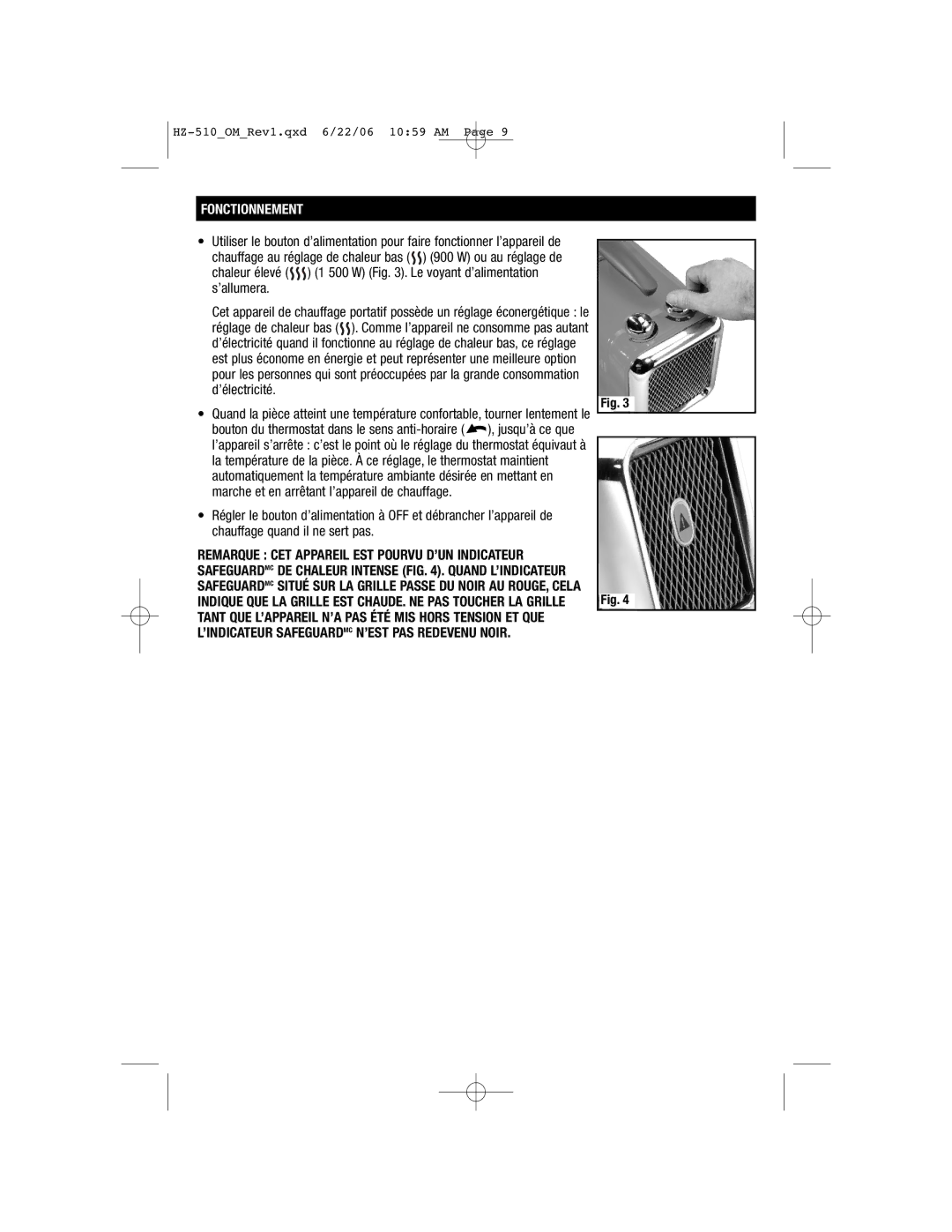 Honeywell HZ-510 important safety instructions Fonctionnement 