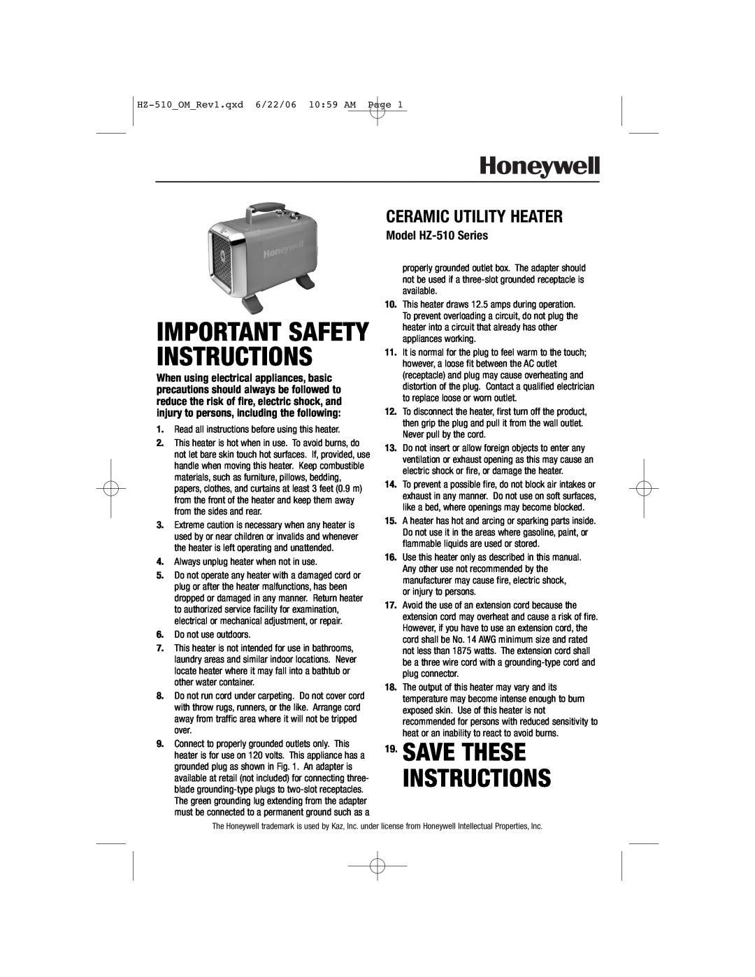 Honeywell important safety instructions Save These Instructions, Model HZ-510Series, Important Safety Instructions 