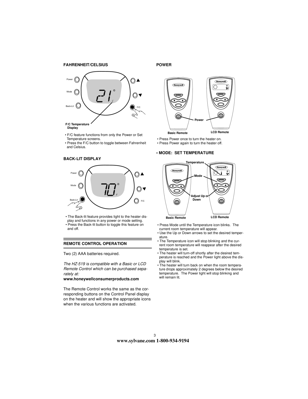 Honeywell HZ-519 manual FAHRENHEIT/CELSIUS Power, BACK-LIT Display, Remote Control Operation 