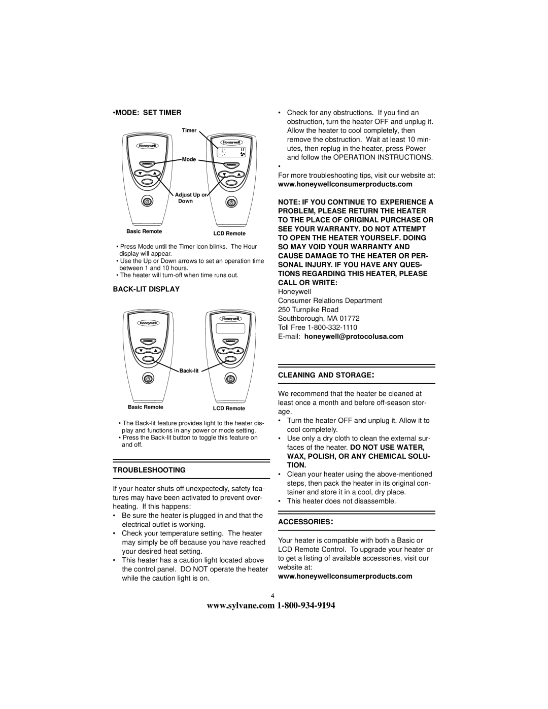 Honeywell HZ-519 manual Troubleshooting, Cleaning and Storage, WAX, POLISH, or ANY Chemical SOLU- Tion, Accessories 