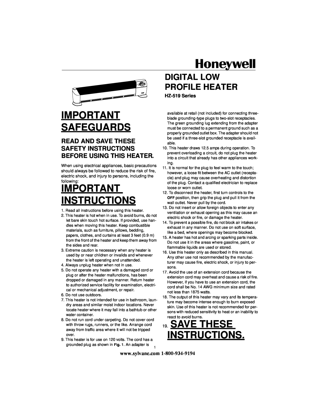 Honeywell HZ-519 manual Safeguards, Important Instructions, Save These Instructions, Digital Low Profile Heater 