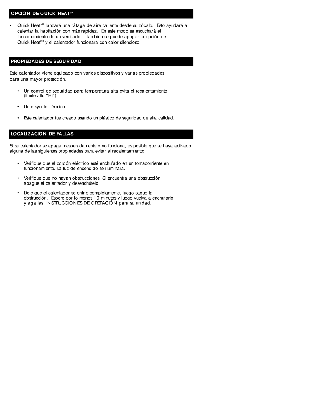 Honeywell HZ-615C, HZ-614C owner manual Opción DE Quick Heatmr, Propiedades DE Seguridad, Localización DE Fallas 