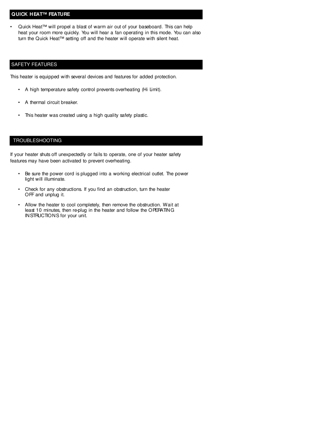 Honeywell HZ-615C, HZ-614C owner manual Quick Heat Feature, Safety Features, Troubleshooting 