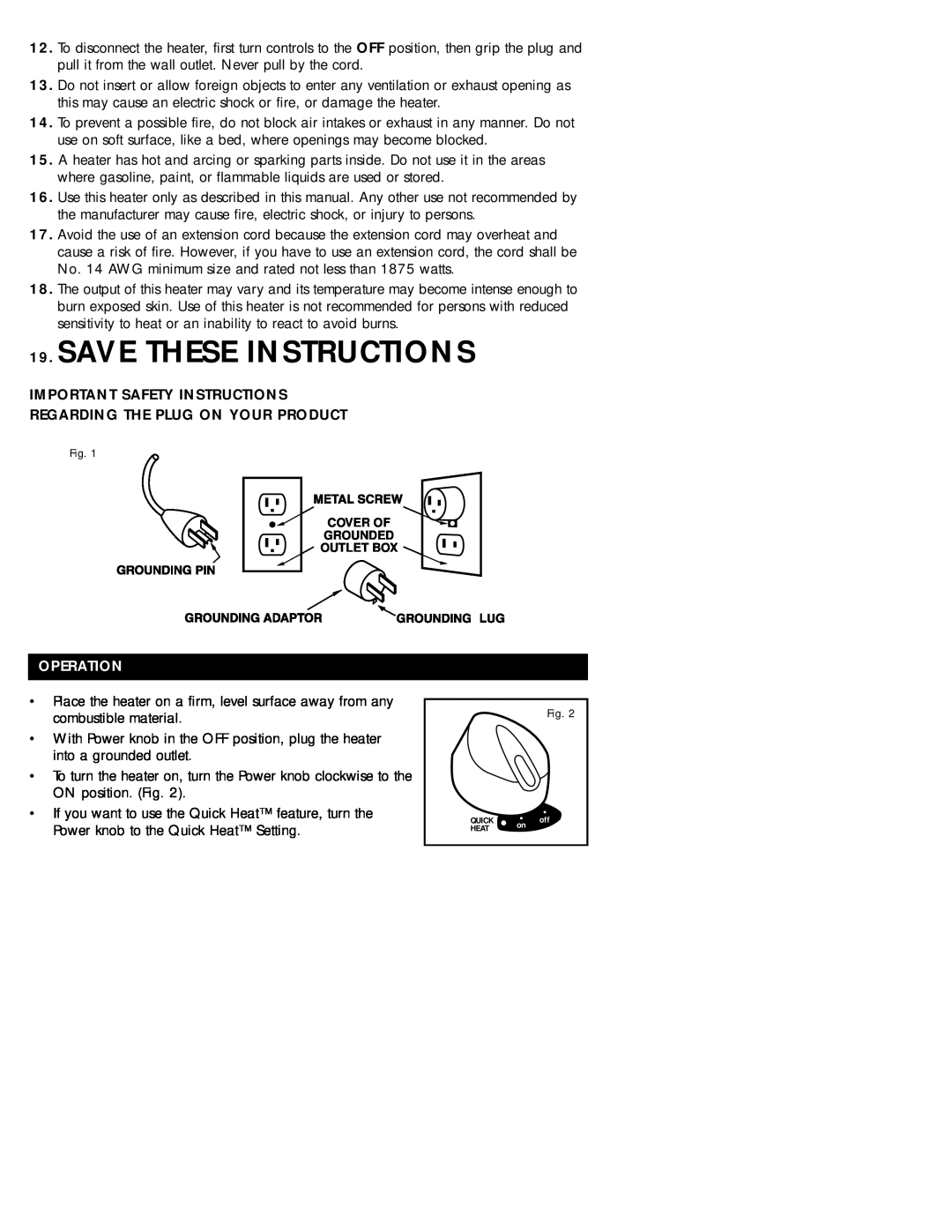 Honeywell HZ-614C Save These Instructions, Operation, Important Safety Instructions, Regarding The Plug On Your Product 