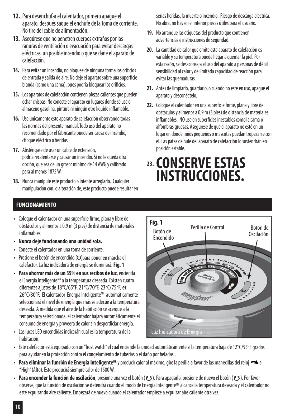 Honeywell HZ-7200 Funcionamiento, Nunca deje funcionando una unidad sola, Luz Indicadora de Energía 