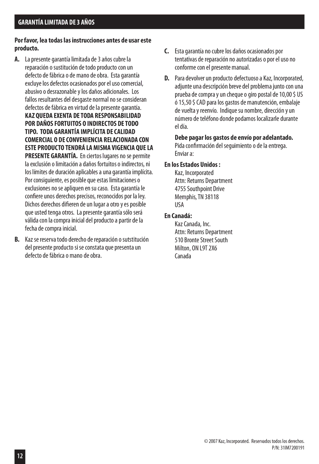 Honeywell HZ-7200 important safety instructions Garantía Limitada DE 3 Años, En los Estados Unidos, En Canadá 