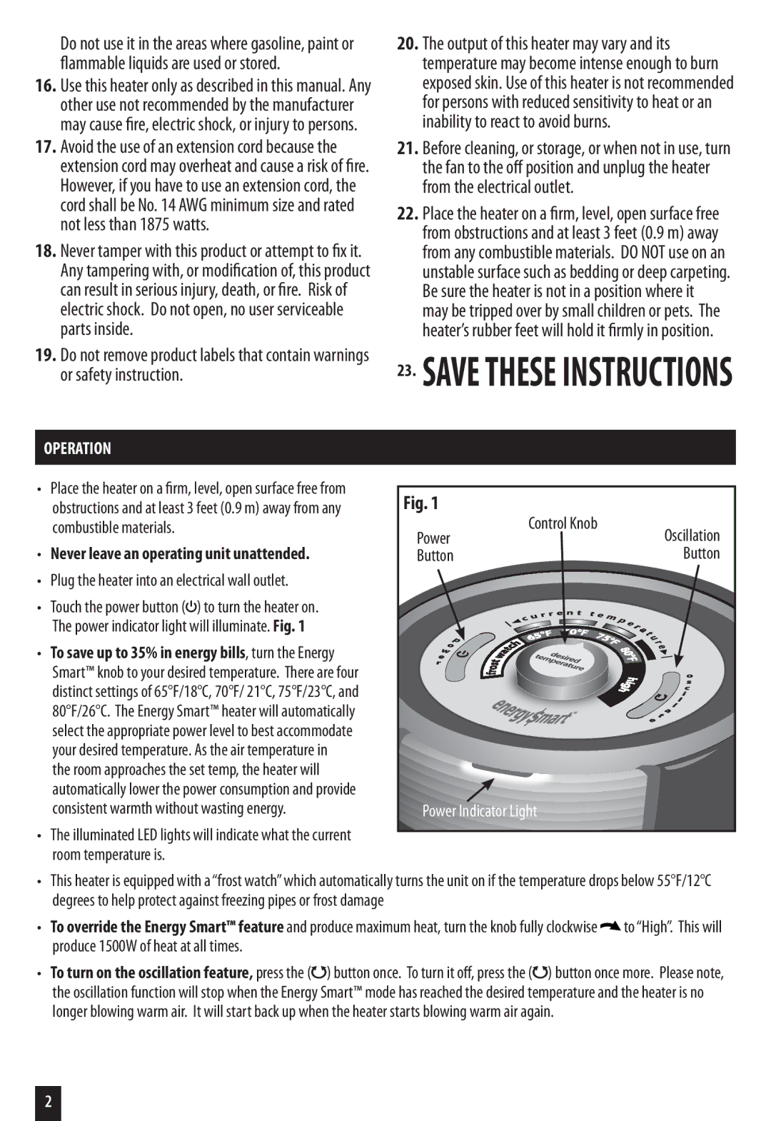 Honeywell HZ-7200 important safety instructions Operation, Never leave an operating unit unattended, Power Indicator Light 