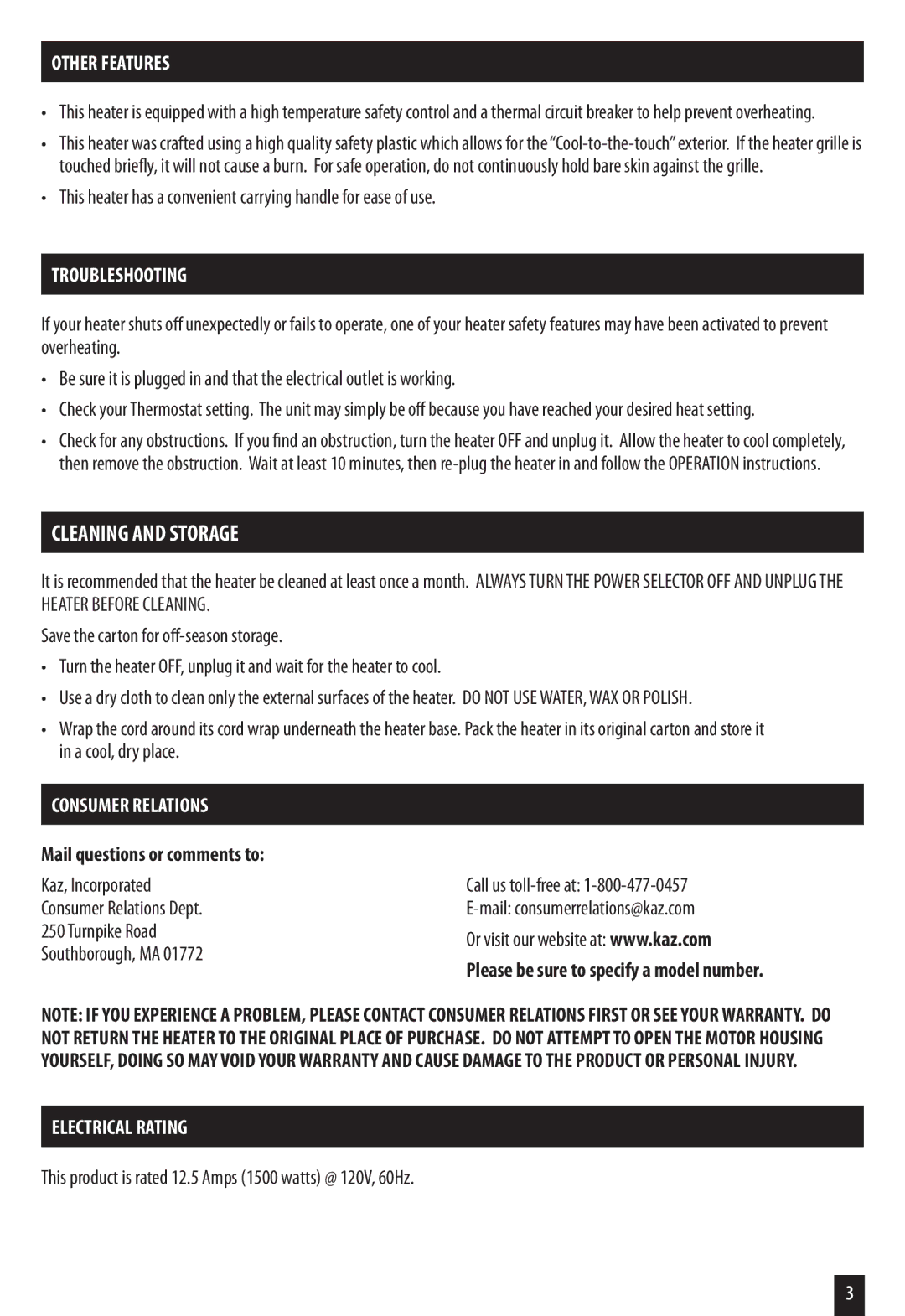 Honeywell HZ-7200 Other Features, Troubleshooting, Consumer Relations, Mail questions or comments to, Electrical Rating 