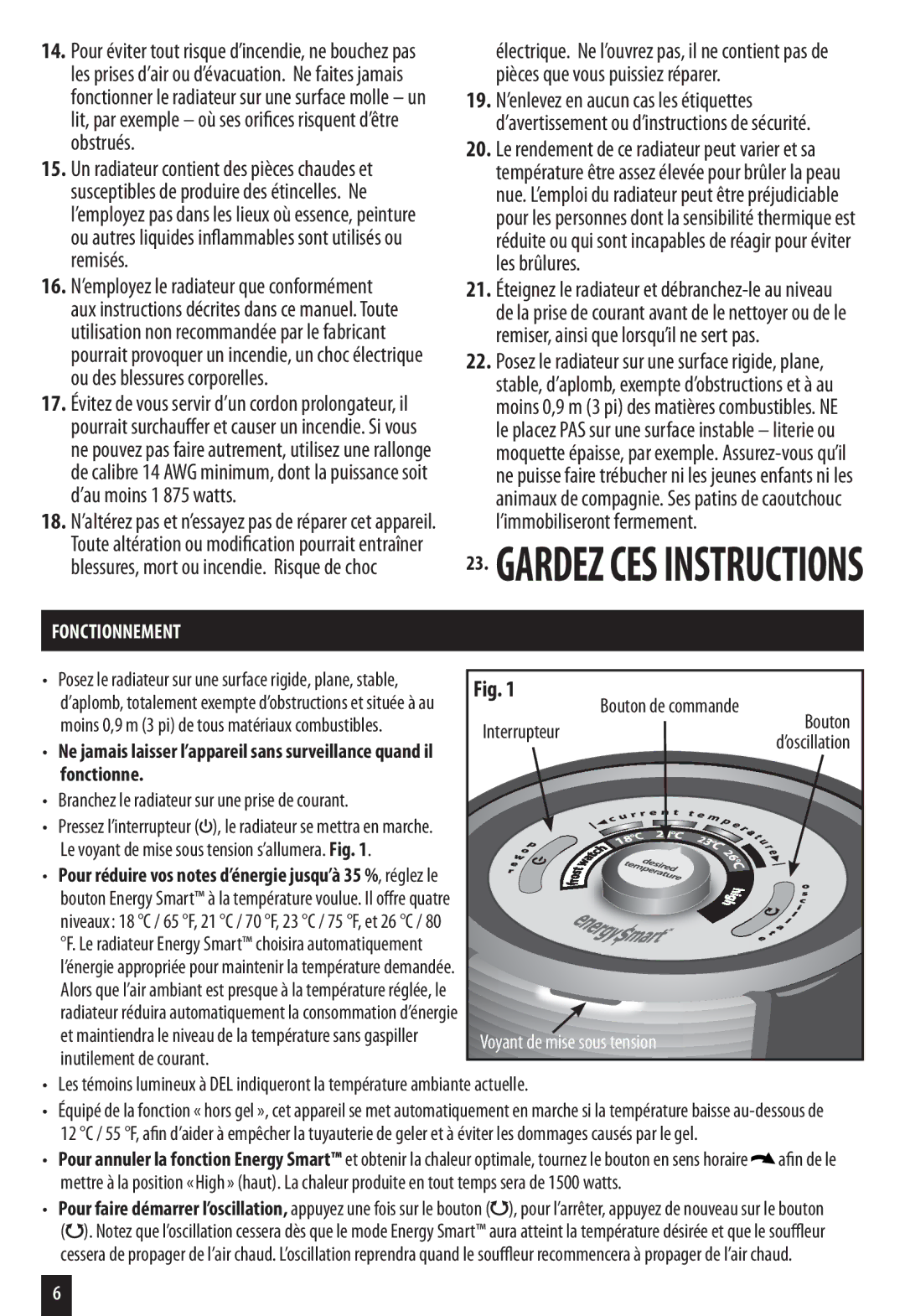 Honeywell HZ-7200 Fonctionnement, Voyant de mise sous tension, Branchez le radiateur sur une prise de courant 