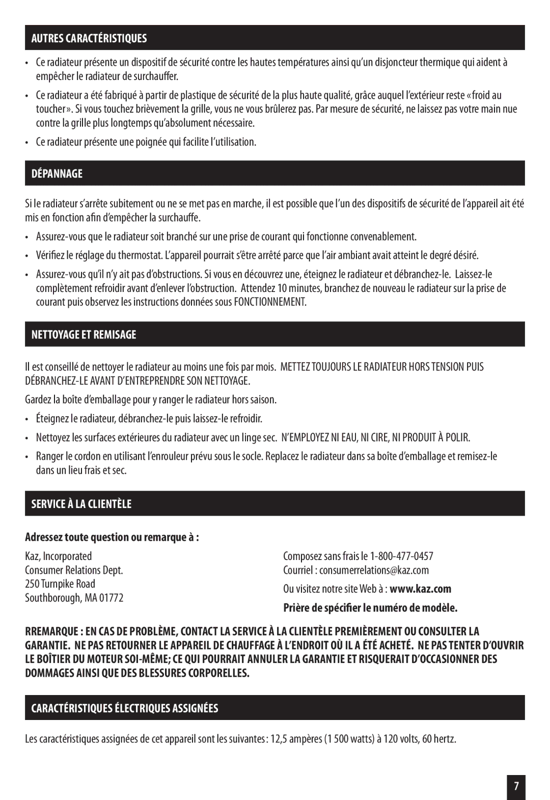 Honeywell HZ-7200 Autres Caractéristiques, Dépannage, Nettoyage ET Remisage, Service À LA Clientèle 