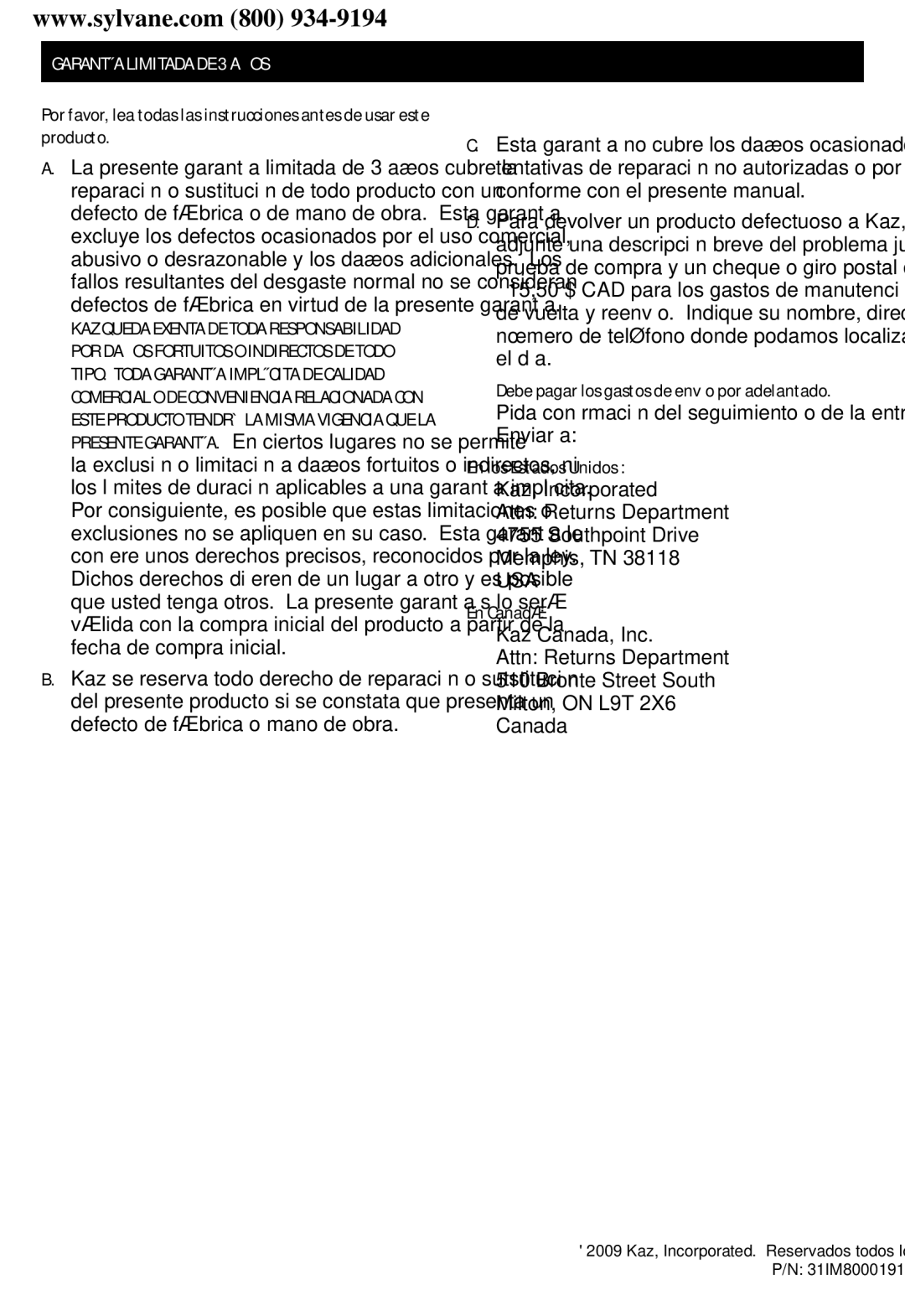 Honeywell HZ-8000 important safety instructions Garantía Limitada DE 3 Años, En los Estados Unidos, En Canadá 