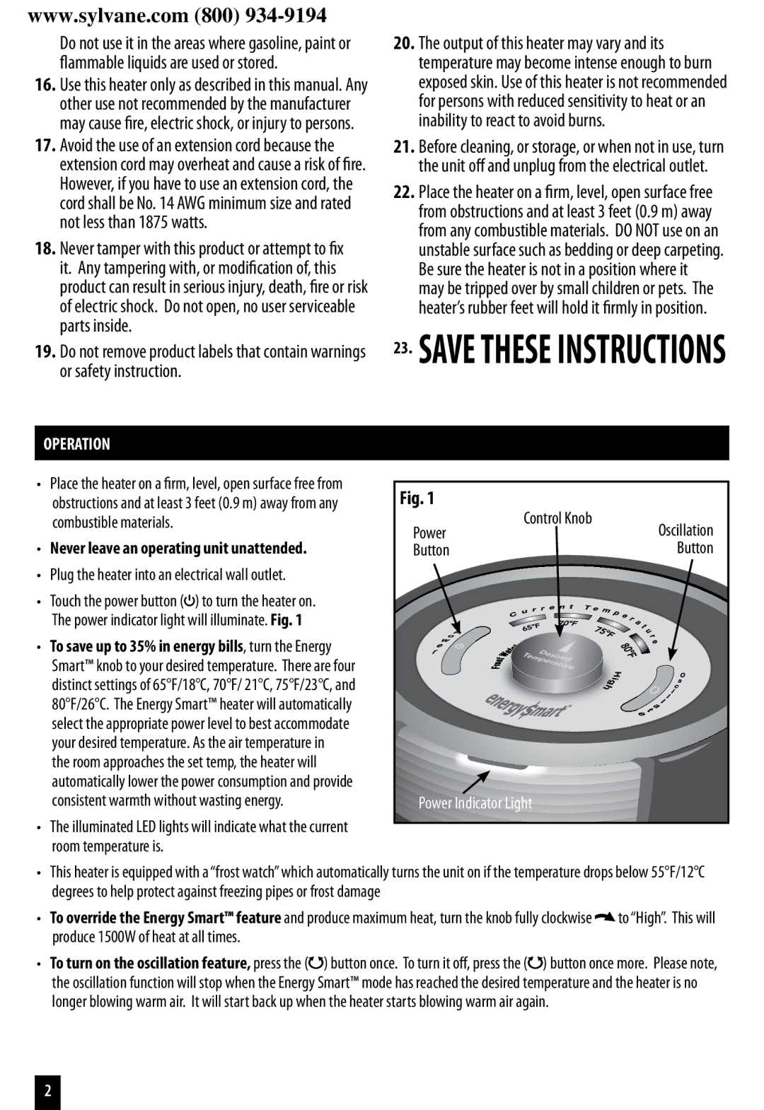 Honeywell HZ-8000 important safety instructions Operation, Never leave an operating unit unattended 