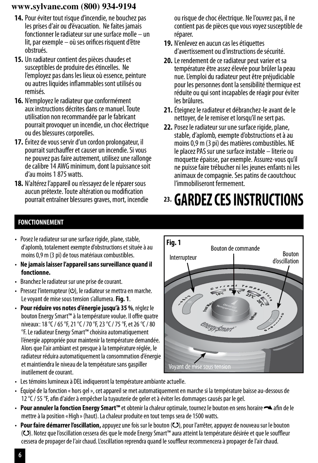 Honeywell HZ-8000 important safety instructions Fonctionnement, Branchez le radiateur sur une prise de courant 