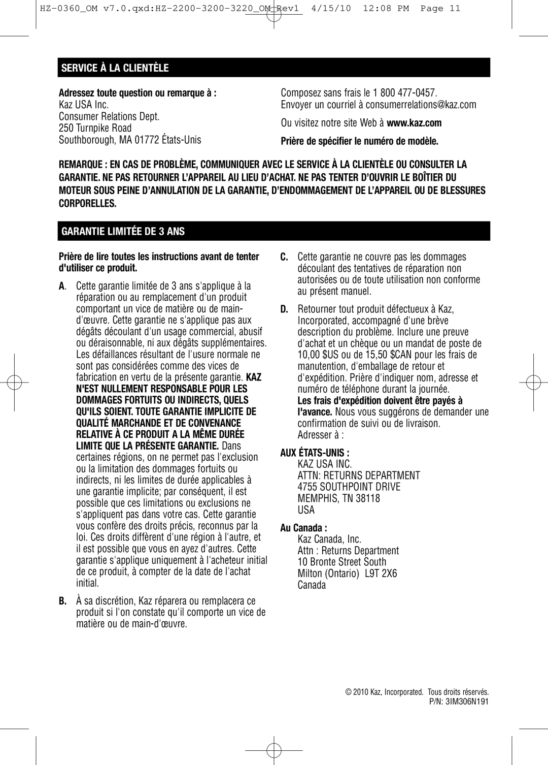 Honeywell HZ0360 important safety instructions Service À LA Clientèle, Garantie Limitée DE 3 ANS, Aux États-Unis 