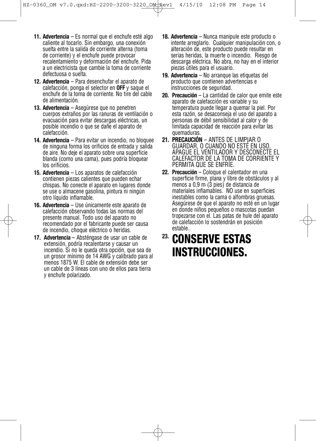 Honeywell HZ0360 important safety instructions Conserve Estas Instrucciones 