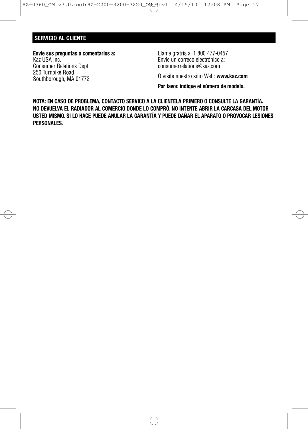 Honeywell HZ0360 important safety instructions Servicio AL Cliente, Envíe sus preguntas o comentarios a Kaz USA Inc 