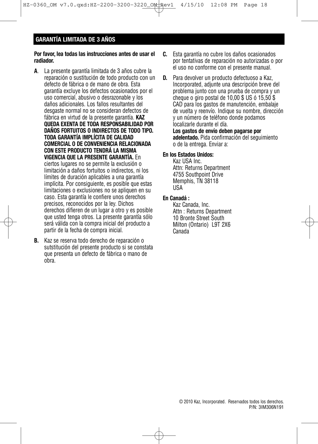 Honeywell HZ0360 important safety instructions Garantía Limitada DE 3 Años, En los Estados Unidos, En Canadá 