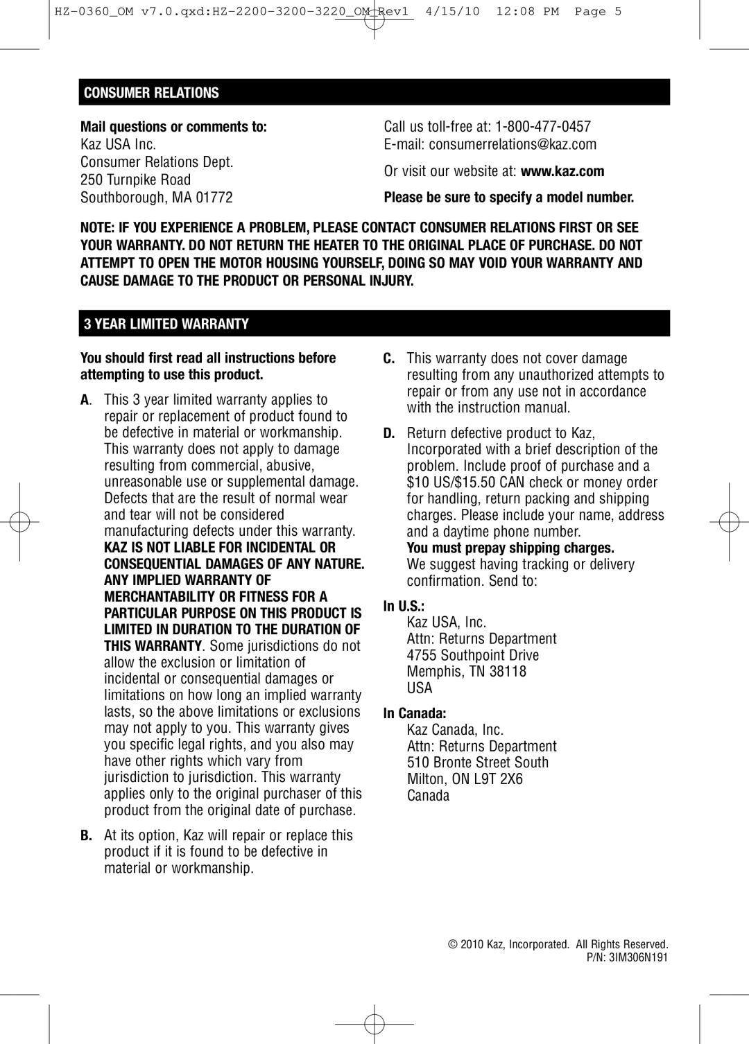 Honeywell HZ0360 important safety instructions Consumer Relations, Year Limited Warranty 