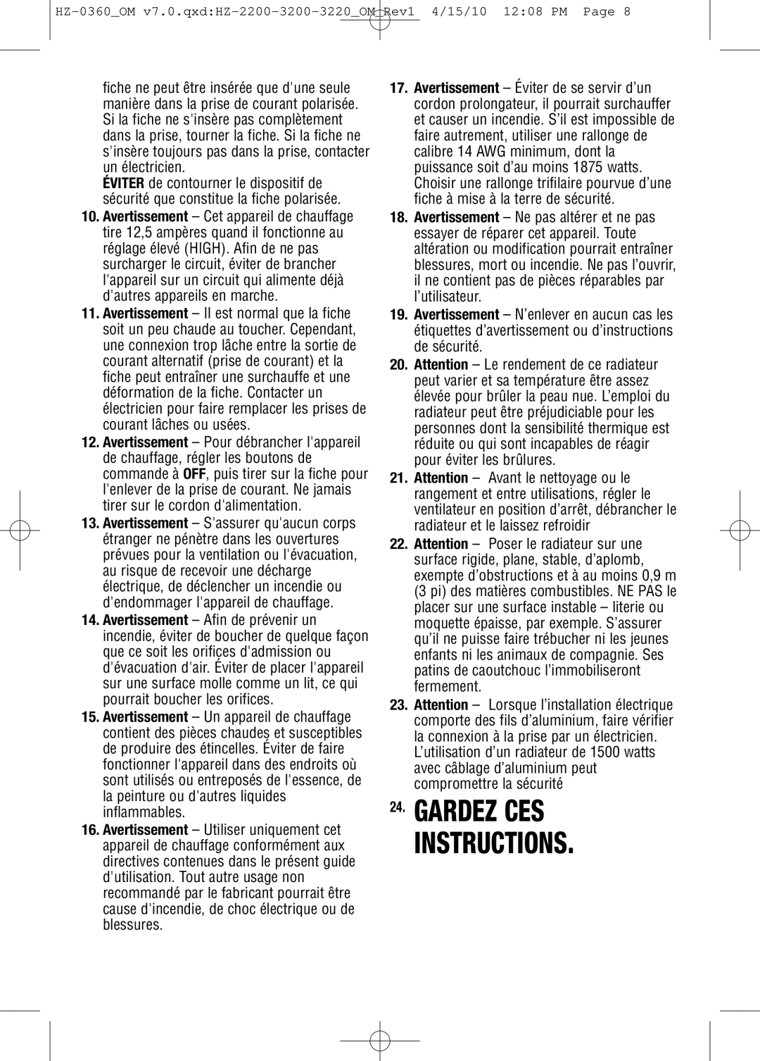 Honeywell HZ0360 important safety instructions Gardez CES Instructions 