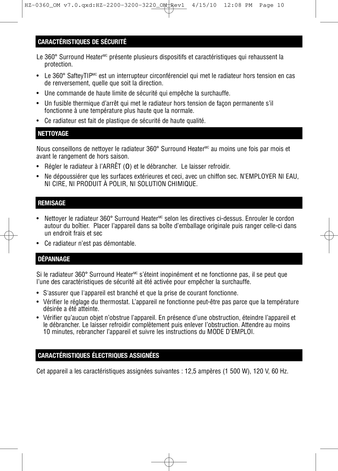 Honeywell HZ0360 Caractéristiques DE Sécurité, Nettoyage, Remisage, Dépannage, Caractéristiques Électriques Assignées 