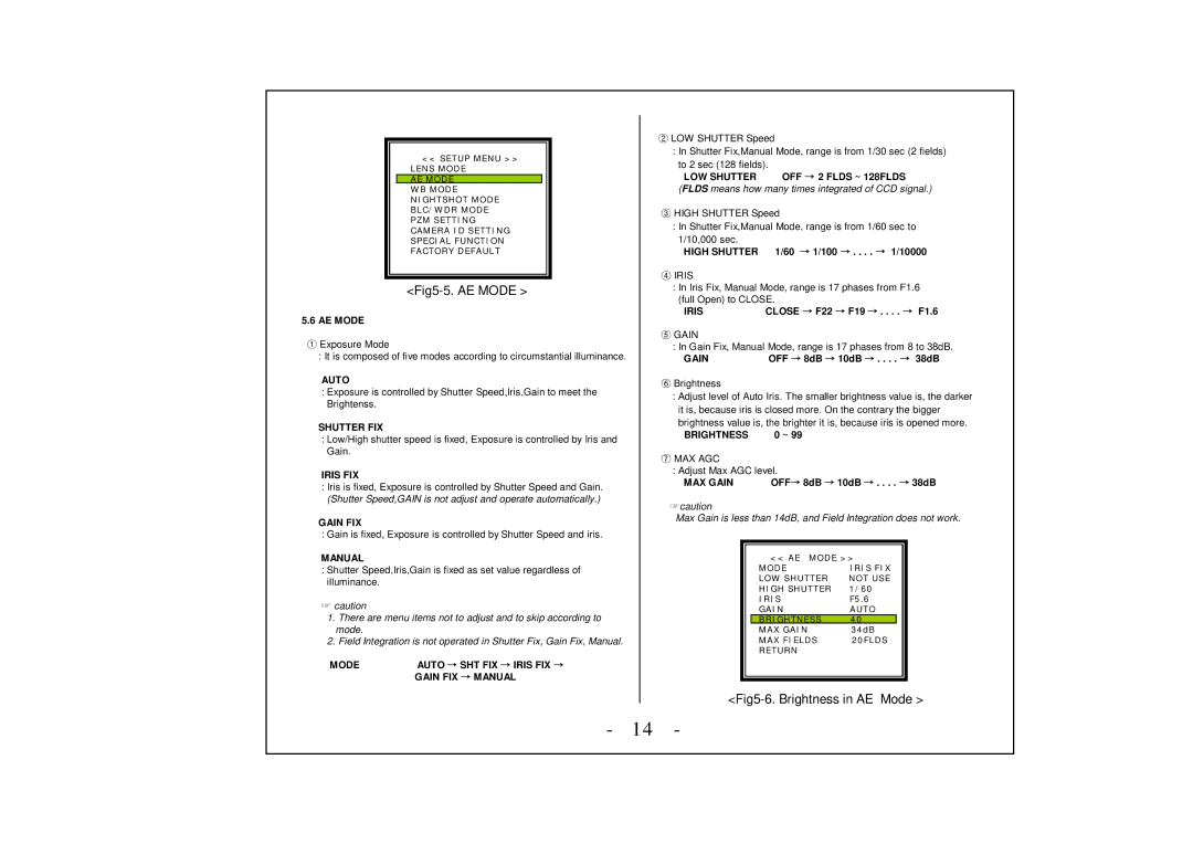 Honeywell HZC-855NX, HZC-855PX operation manual Fig5-5. AE Mode, Fig5-6. Brightness in AE Mode 