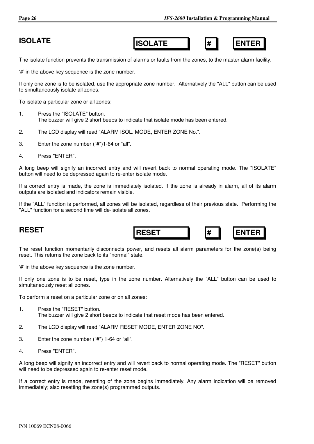 Honeywell IFS-2600 installation manual Isolate Enter, Reset Enter 